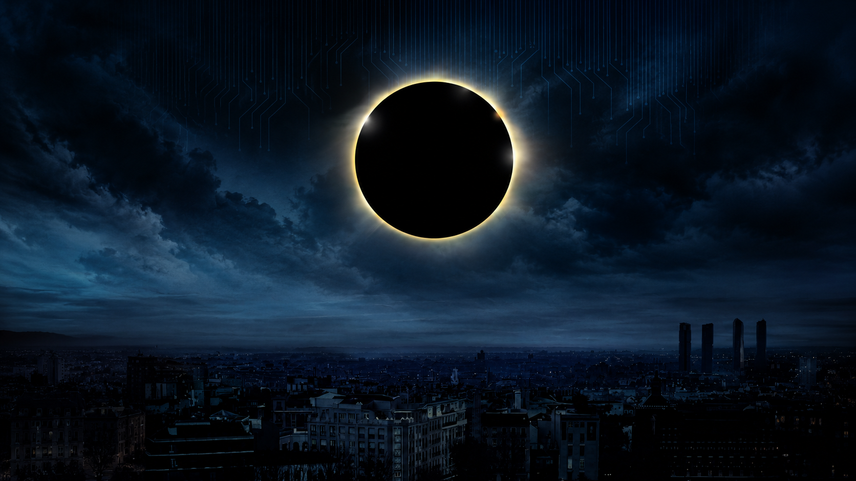 Fondo de Madrid a oscuras durante el eclipse