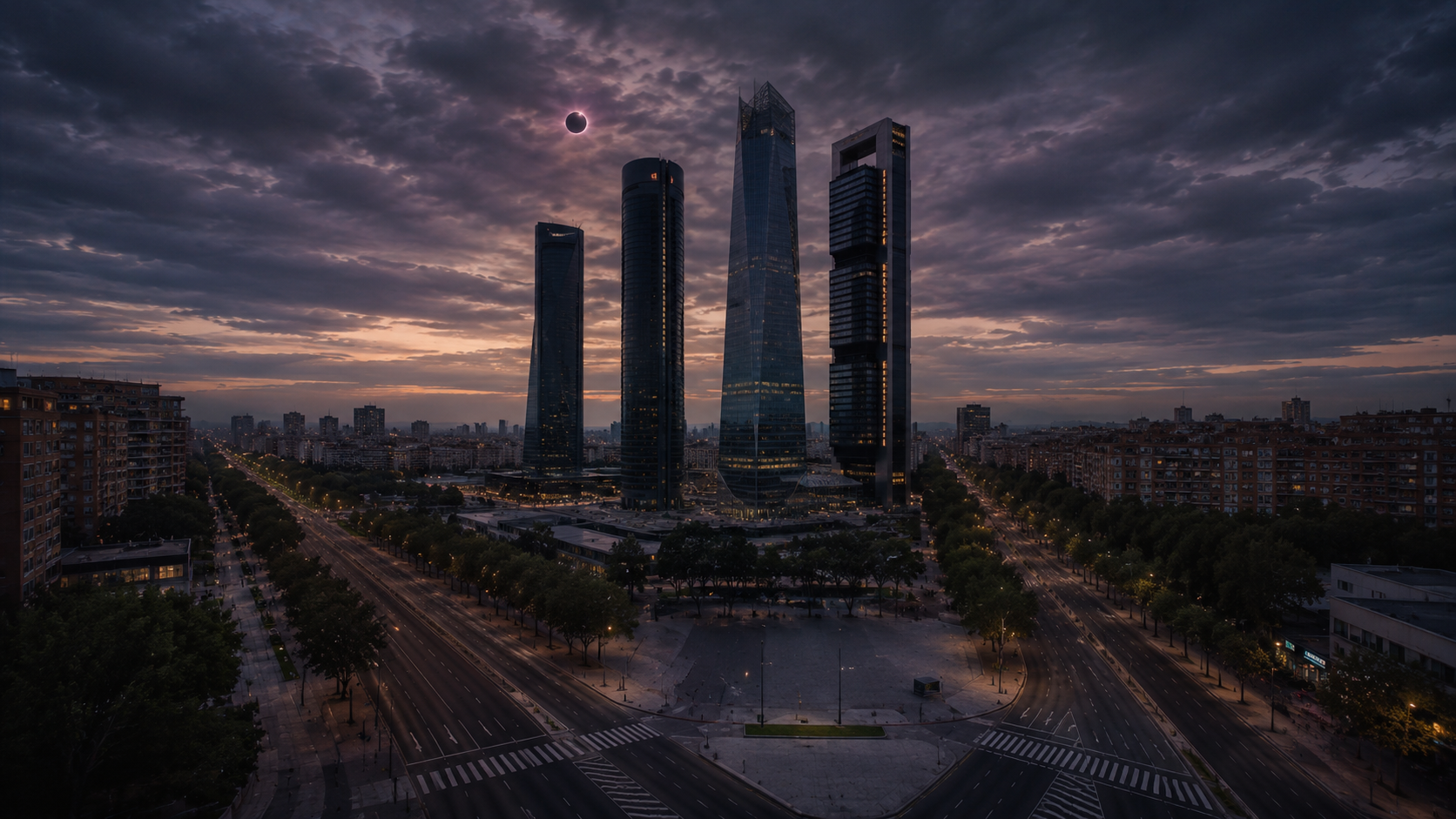 Las cuatro torres de Madrid al atardecer
